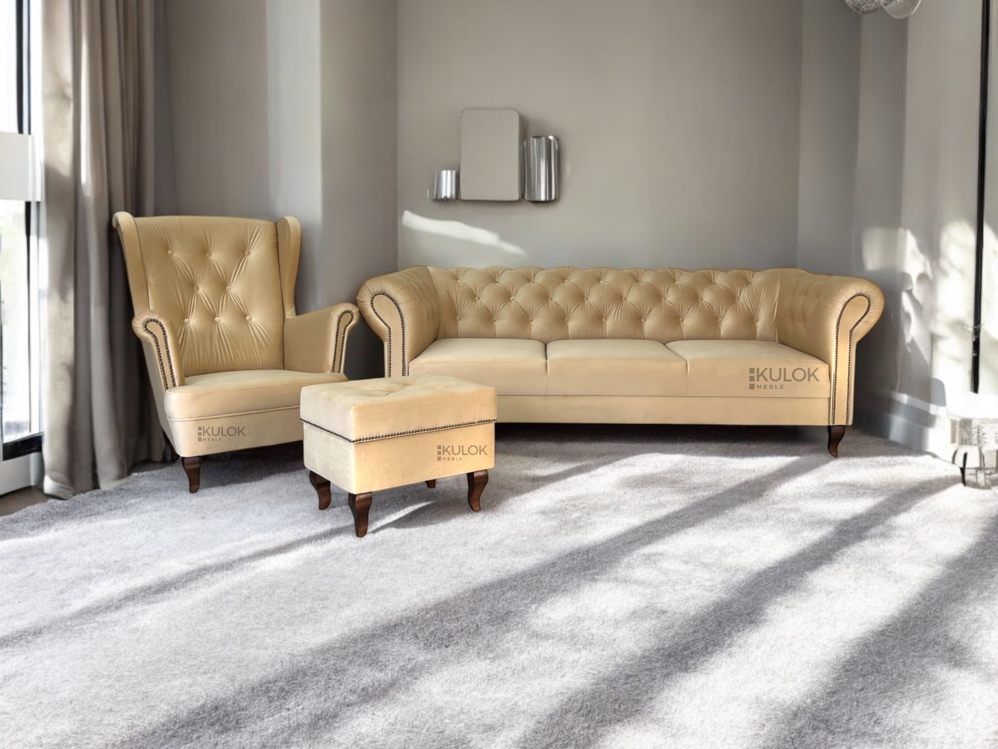 zestaw chesterfield sofa uszak i podnóżek 